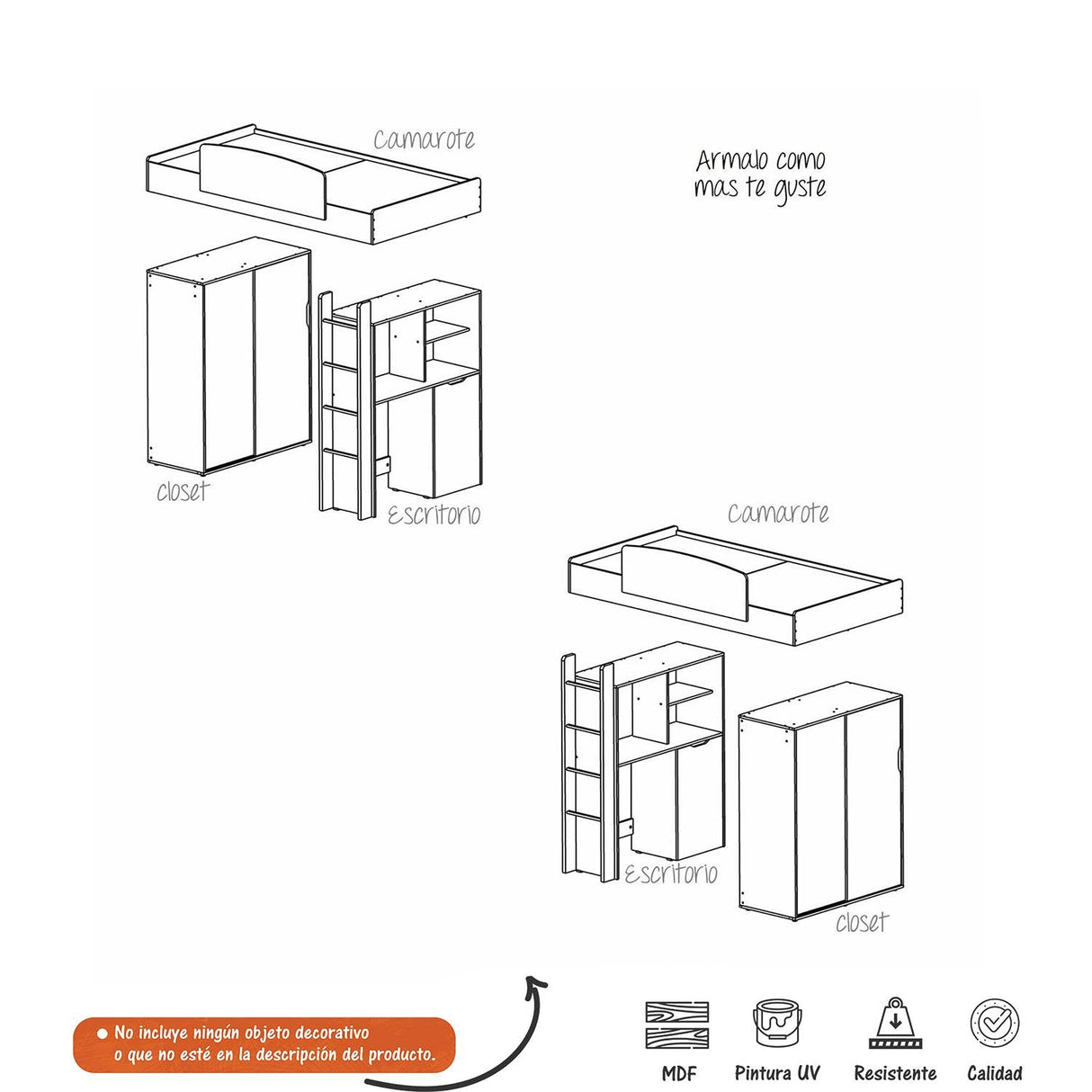 Camarote Multifuncional Con Closet Repisa Y Escritorio Extensible - Duna - Camas y Cabeceros | Bylmo