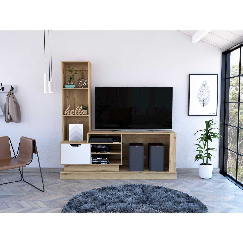 Centro de Entretenimiento Blake Duna y Blanco 177.7x181.4cm para TV Hasta 55 Pulgadas con Ranuras para Cables y con Ocho Compartimientos - Muebles para TV | Bylmo