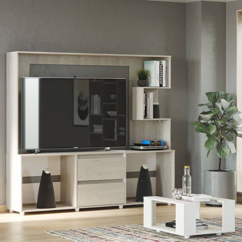 Centro de Entretenimiento Ceniza y Blanco 200x173.3cm Para TV Hasta 65 Pulgadas con Dos Cajones y con Patas - Muebles para TV | Bylmo