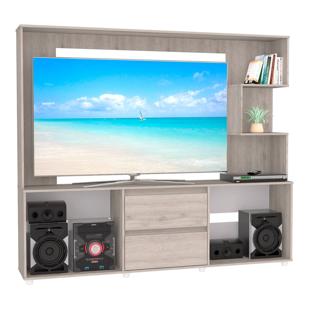 Centro de Entretenimiento Ceniza 200x173.3cm Para TV Hasta 65 Pulgadas con Dos Cajones - Muebles de TV | Bylmo