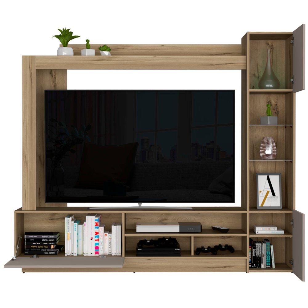 Centro de Entretenimiento Nizza Duna y Taupe 204x175.4cm para TV Hasta 65 Pulgadas y con Nueve Compartimientos - Muebles para TV | Bylmo