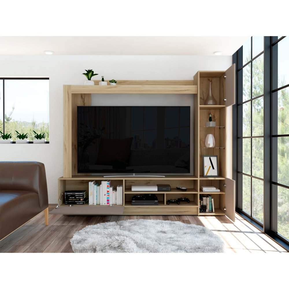 Centro de Entretenimiento Nizza Duna y Taupe 204x175.4cm para TV Hasta 65 Pulgadas y con Nueve Compartimientos - Muebles para TV | Bylmo