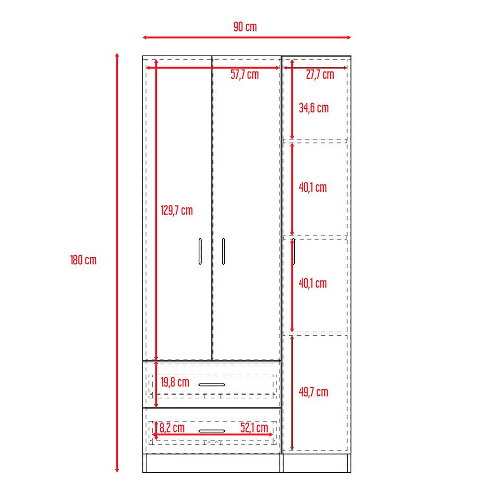 Closet Austral Coñac 90x180cm con 2 Cajones con 3 Entrepaños - Closets | Bylmo