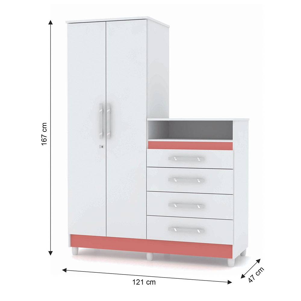 Closet Cómoda Rauxa Blanco y Salmón 121 cm con Cuatro Cajones y Dos Puertas con Cerradura - Cajoneras | Bylmo