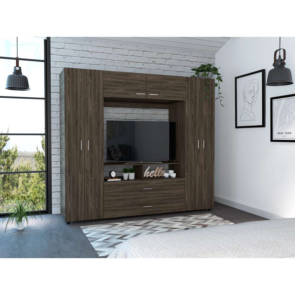 Closet Manila Coñac 198.4x179.9cm con 2 Cajones con 3 Entrepaños con Espacio para TV - Closets | Bylmo