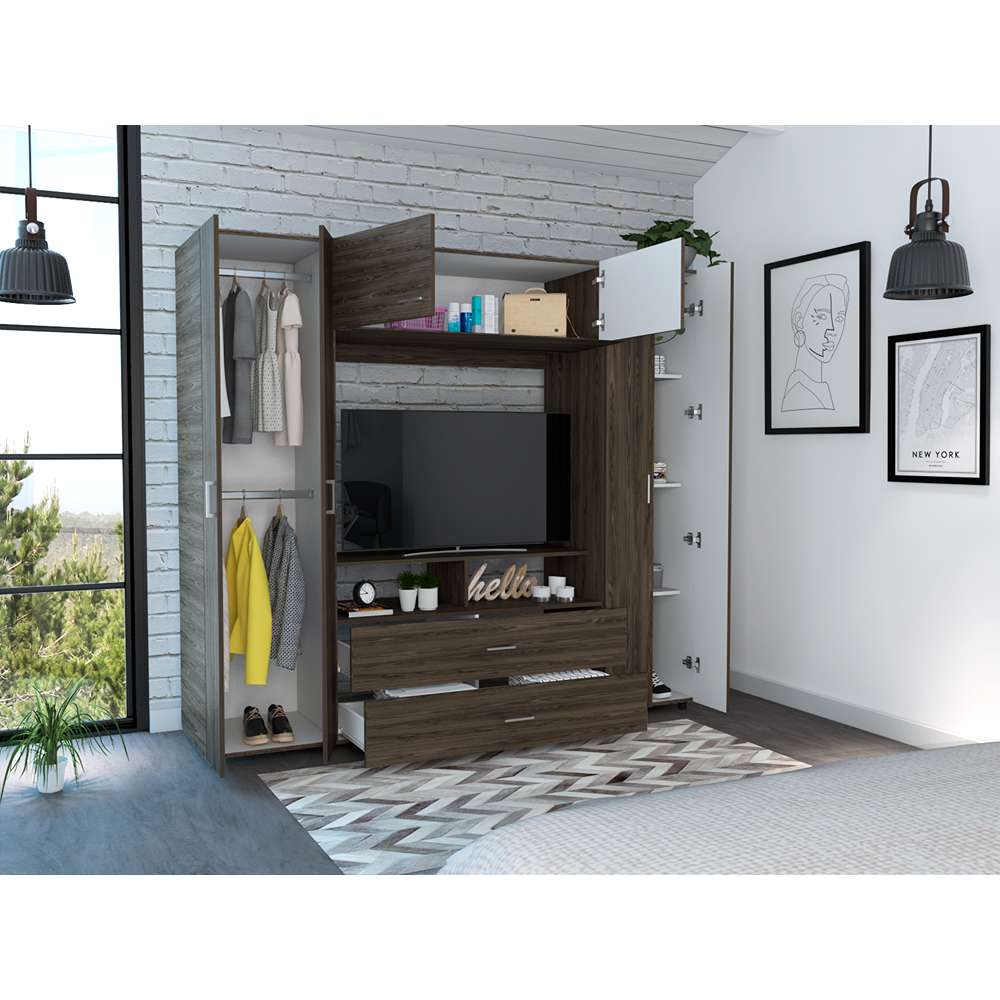 Closet Manila Coñac 198.4x179.9cm con 2 Cajones con 3 Entrepaños con Espacio para TV - Closets | Bylmo