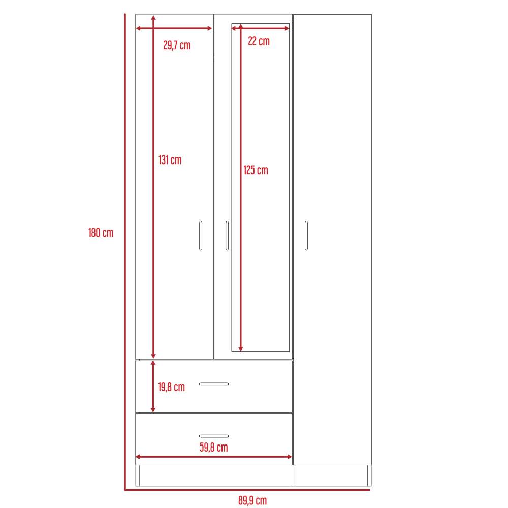 Closet Oporto Coñac 89 cm con Tres Puertas y Dos Cajones - Closets | Bylmo