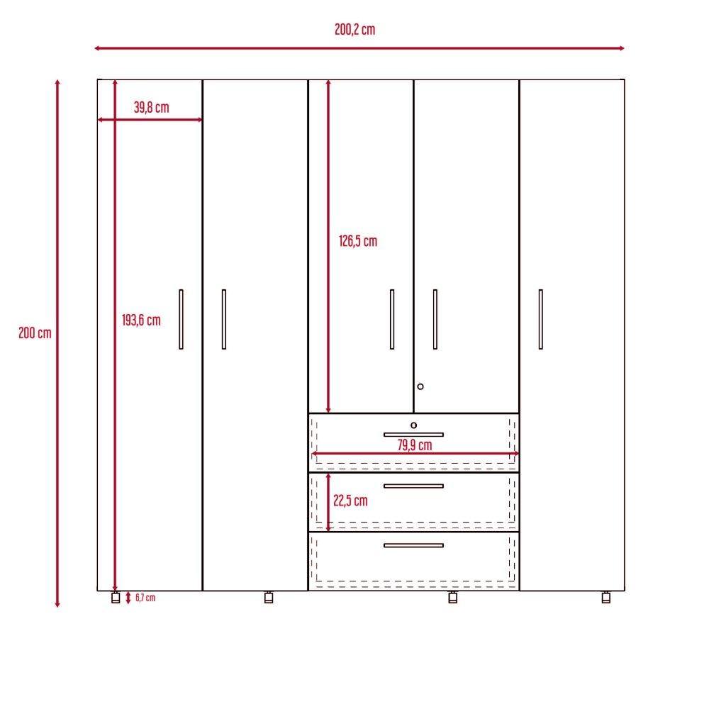 Combo Closet y Silla Bar Serrat Rovere 200 cm con Cinco Puertas y Tres Cajones - Closets | Bylmo