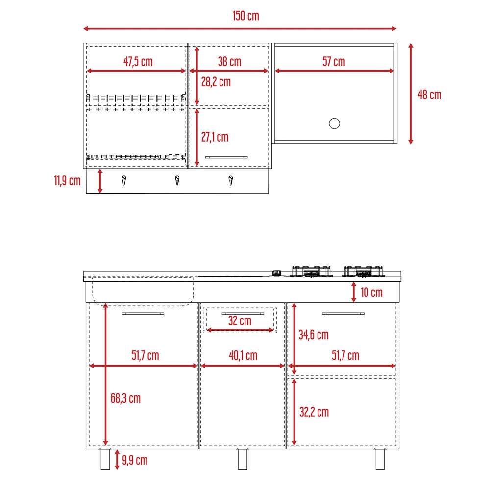 Cocina Miro Rovere y Blanco 150x90cm sin Mesón y sin Estufa - Cocinas | Bylmo