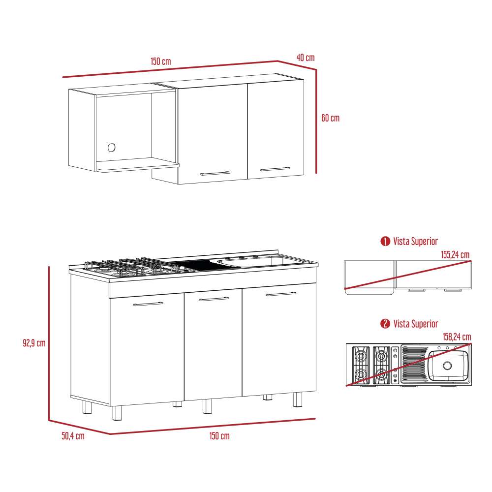 Cocina Macadamia 150x92.9cm con Meson de Acero Inoxidable y con Pozuelo para lado Derecha - Cocinas | Bylmo