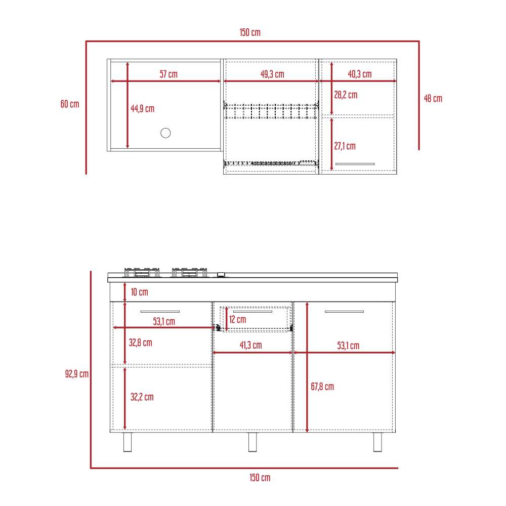 Cocina Macadamia 150x92.9cm con Meson de Acero Inoxidable y con Pozuelo para lado Derecha - Cocinas | Bylmo