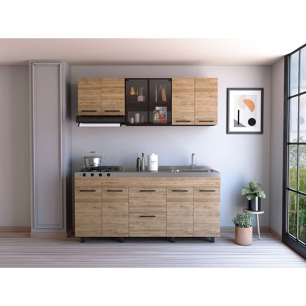 Cocina Luna Miel y Wengue 180 cm Derecha con Mesón - Cocinas | Bylmo