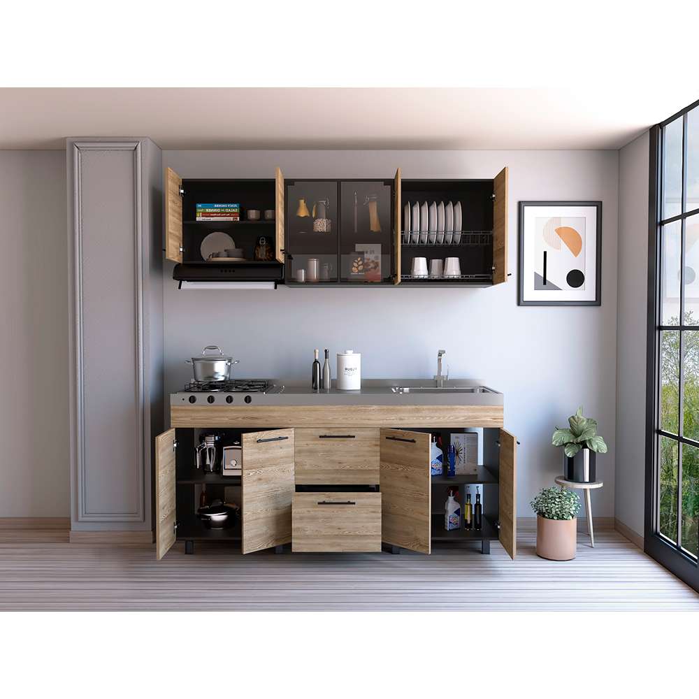 Cocina Luna Miel y Wengue 180 cm Derecha con Mesón - Cocinas | Bylmo