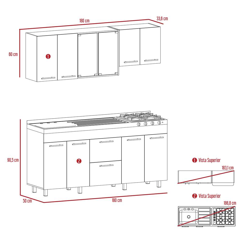 Cocina Luna Miel y Wengue 180 cm Izquierda con Mesón - Cocinas | Bylmo