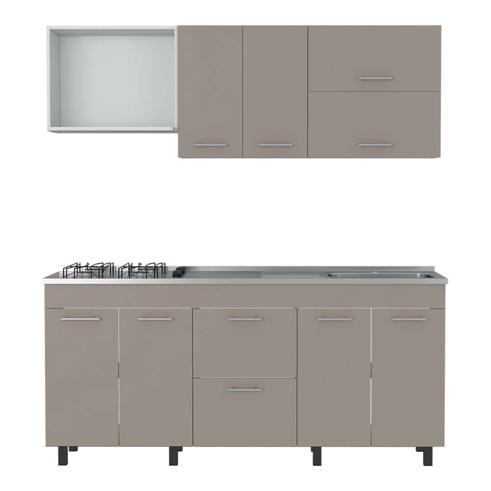 Cocina Sakai Taupe y Blanco 180 cm Derecha con Mesón - Cocinas | Bylmo