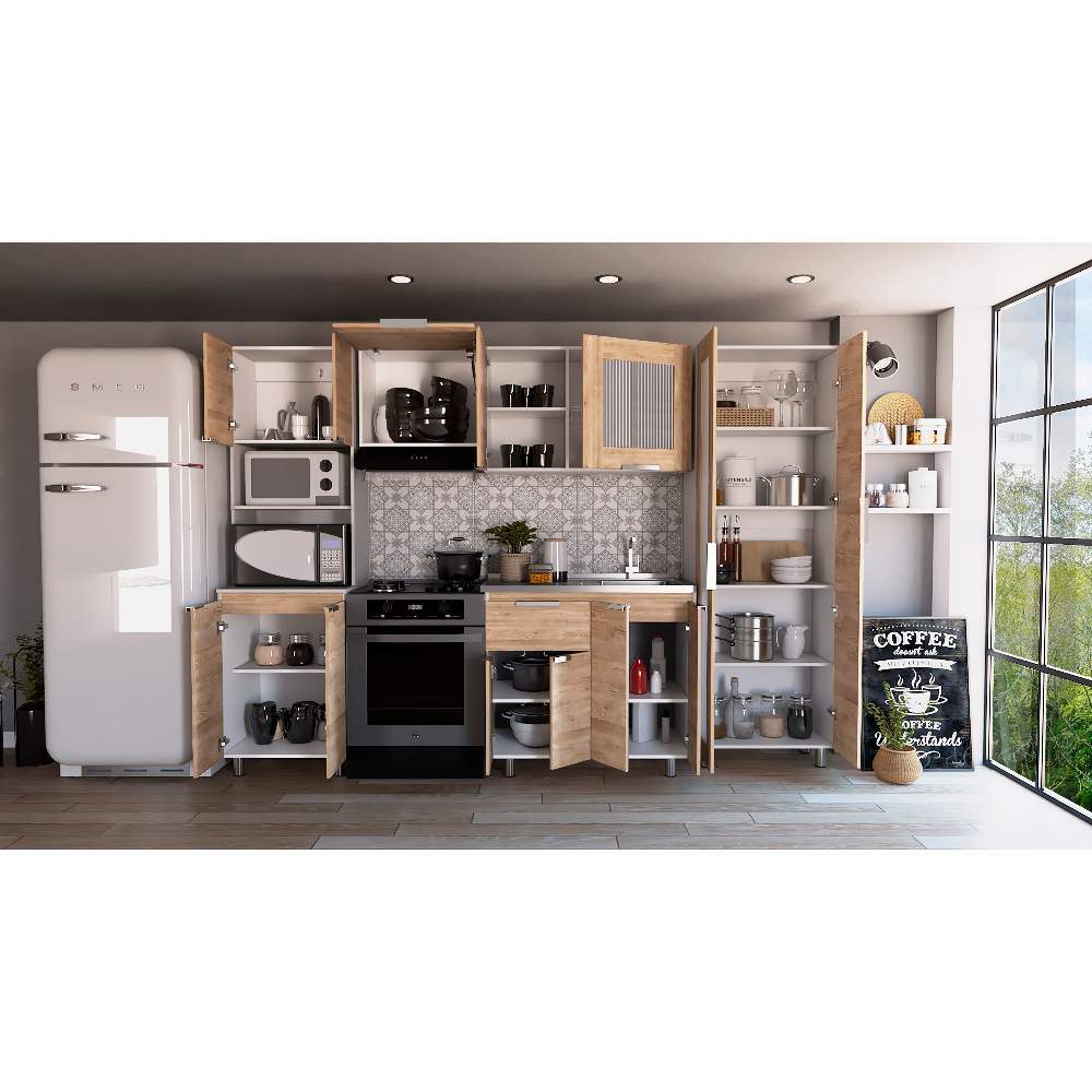 Cocina Samara Blanco y Miel 290x60cm con Mesón de Acero Inoxidable Lado Derecho y sin Estufa - Cocinas | Bylmo