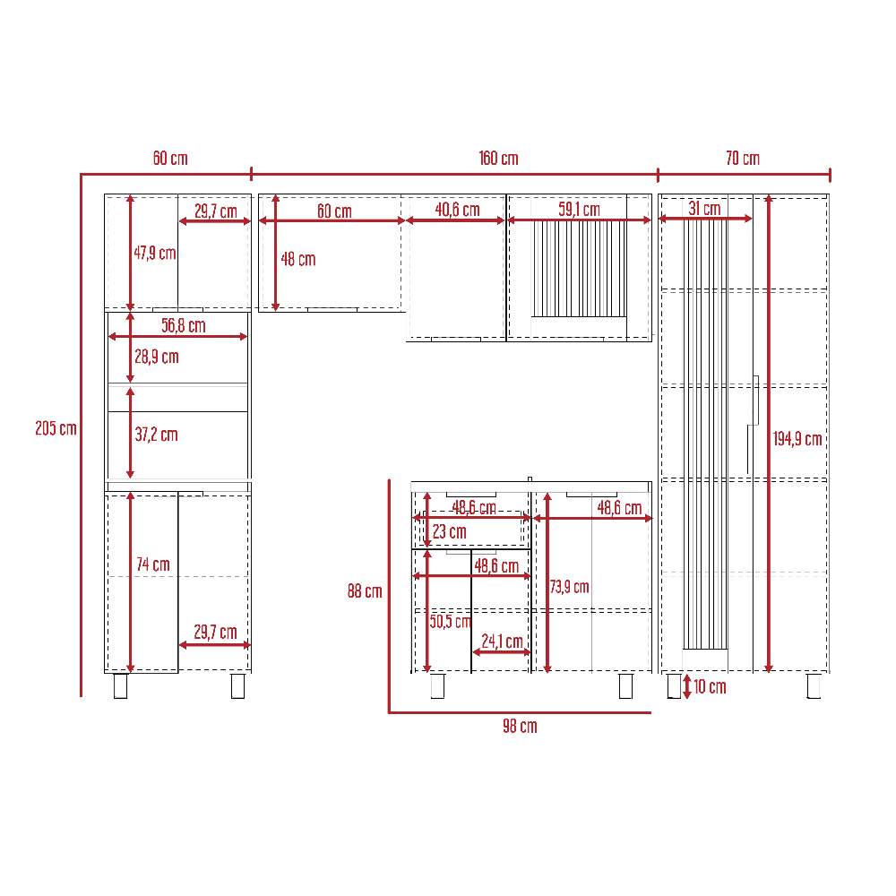 Cocina Samara Blanco y Miel 290x60cm con Mesón de Acero Inoxidable Lado Derecho y sin Estufa - Cocinas | Bylmo