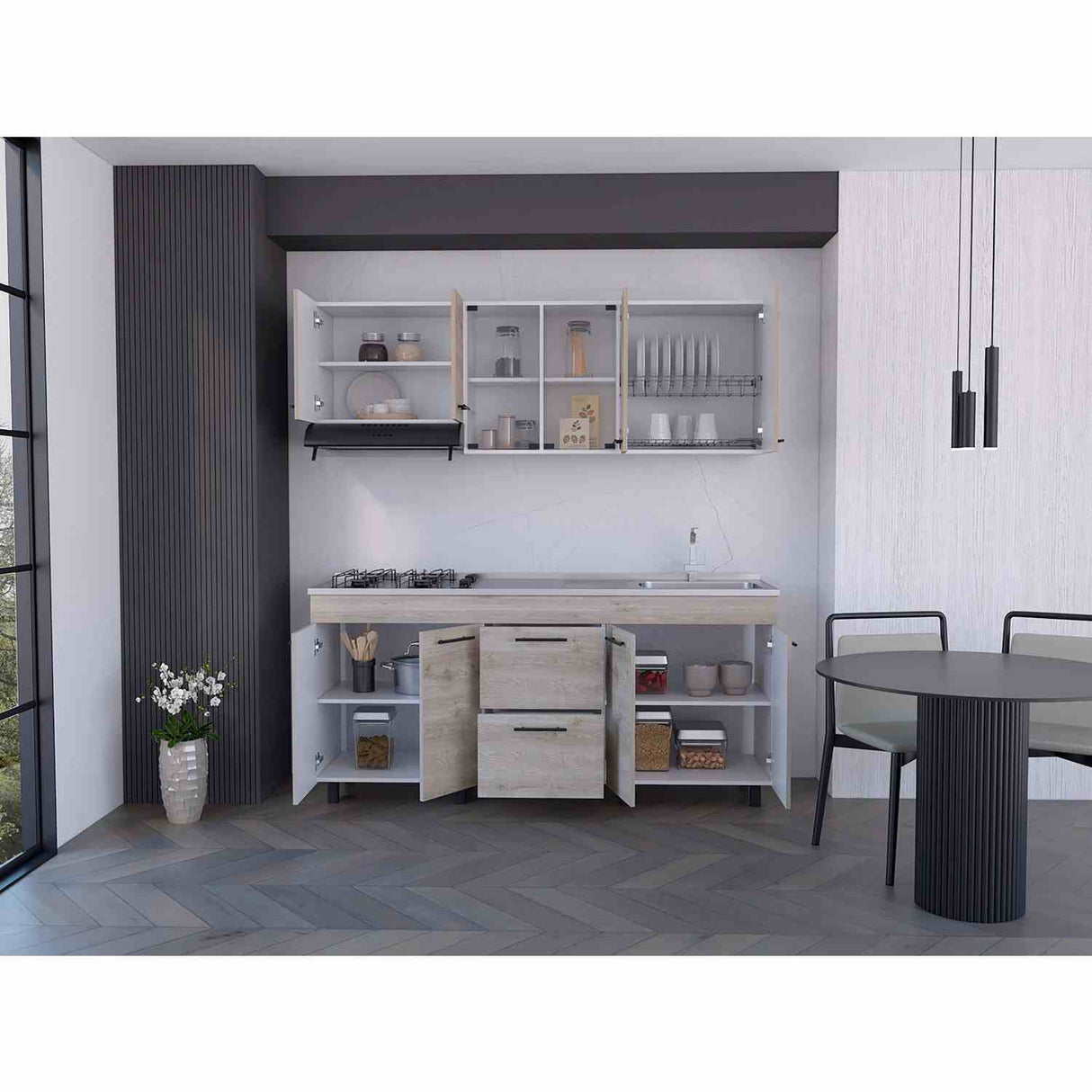 Cocina Ankara Ceniza 180x84cm con Meson de Acero Inoxidable y con Pozuelo para lado Derecha - Cocinas | Bylmo