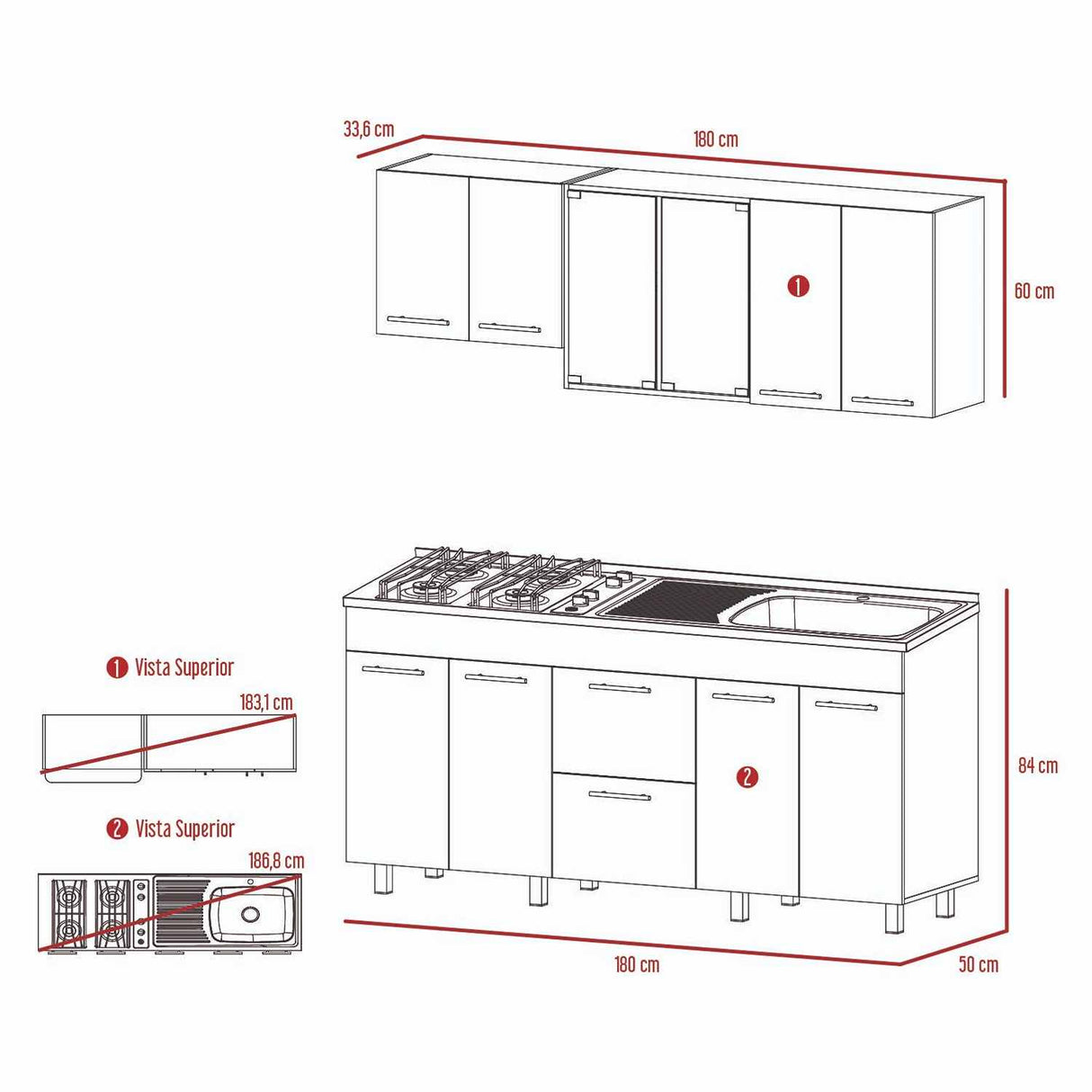 Cocina Ankara Ceniza 180x84cm con Meson de Acero Inoxidable y con Pozuelo para lado Derecha - Cocinas | Bylmo