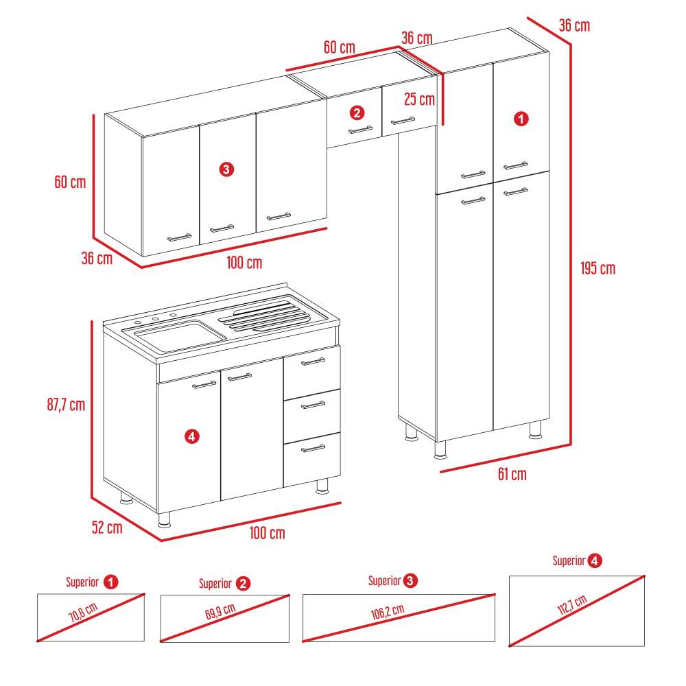 Cocina Ferreti Artiko 220 cm Derecha con Mesón - Cocinas | Bylmo