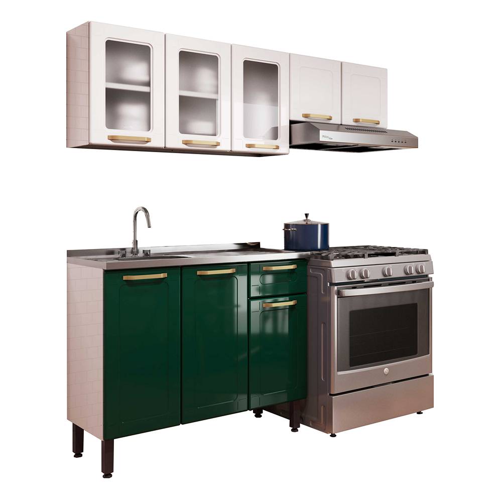 Cocina Integral Colors Verde y Blanco 165 cm Izquierda con Mesón - Cocinas | Bylmo