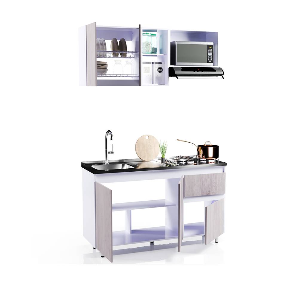 Cocina Integral Ceniza 150x191cm con Meson de Acero Inoxidable y con Pozuelo para lado Izquierda - Cocinas | Bylmo