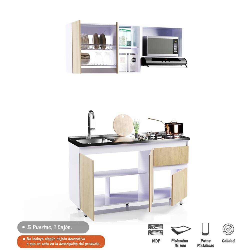 Cocina Integral Rovere 150x50cm con Meson de Acero Inoxidable y con Pozuelo para lado Izquierda - Cocinas | Bylmo