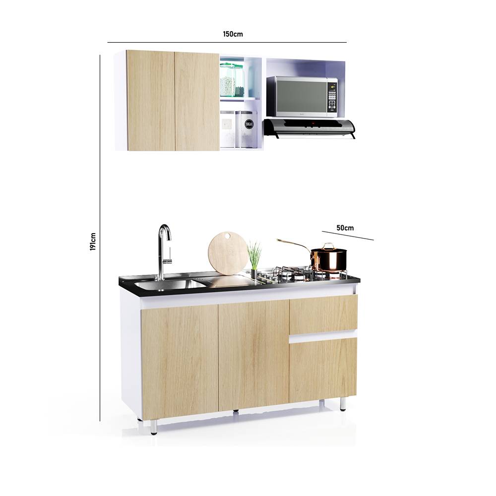 Cocina Integral Rovere 150x50cm con Meson de Acero Inoxidable y con Pozuelo para lado Izquierda - Cocinas | Bylmo