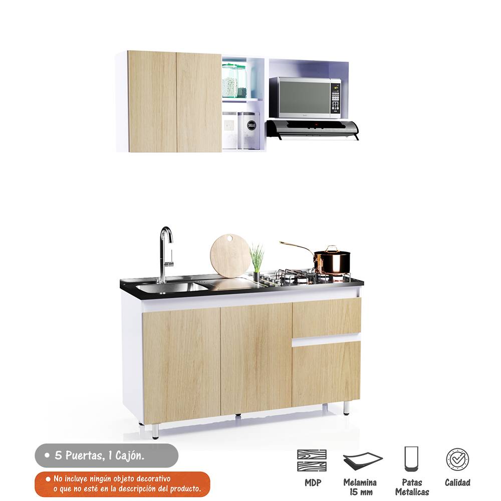 Cocina Integral Rovere 150x50cm con Meson de Acero Inoxidable y con Pozuelo para lado Izquierda - Cocinas | Bylmo
