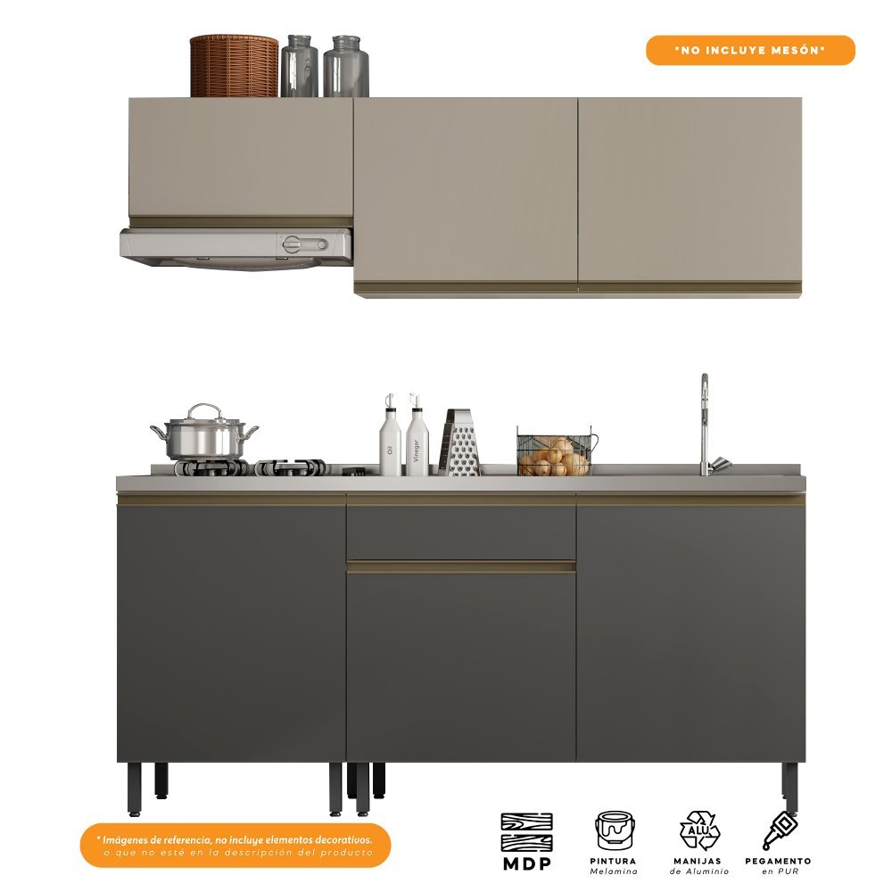 Cocina Integral Santiago Grafito y Pecan 180 cm - Cocinas | Bylmo