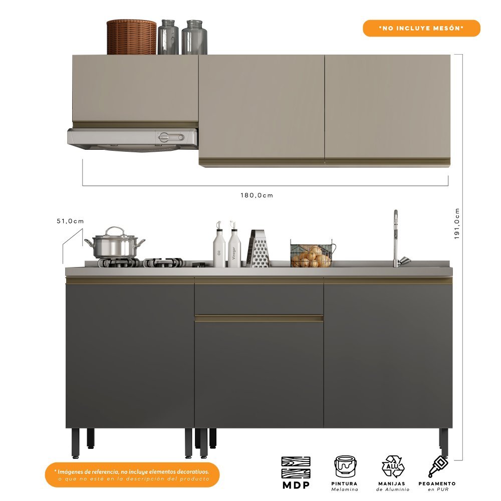 Cocina Integral Santiago Grafito y Pecan 180 cm - Cocinas | Bylmo