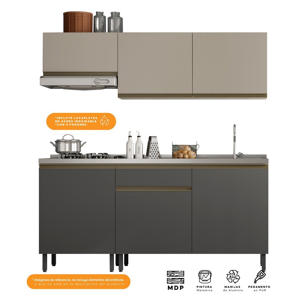 Cocina Integral Santiago Grafito y Pecan 180 cm Derecha con Mesón - Cocinas | Bylmo