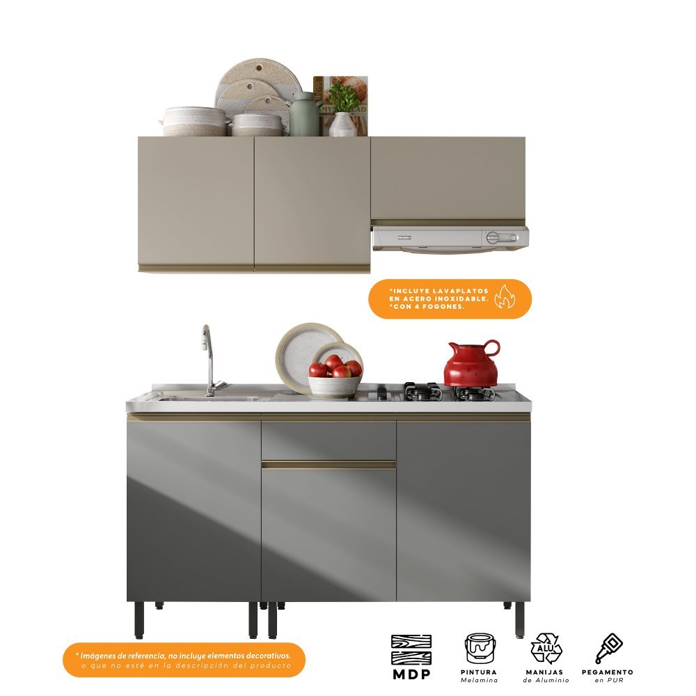 Cocina Integral Santiago Grafito y Pecan 150 cm Izquierda con Mesón - Cocinas | Bylmo