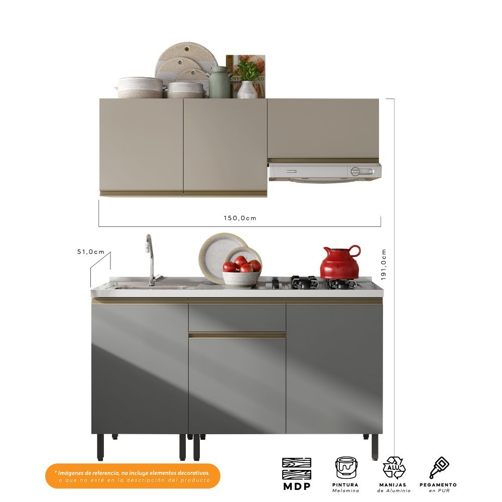 Cocina Integral Santiago Grafito y Pecan 150 cm Izquierda con Mesón - Cocinas | Bylmo