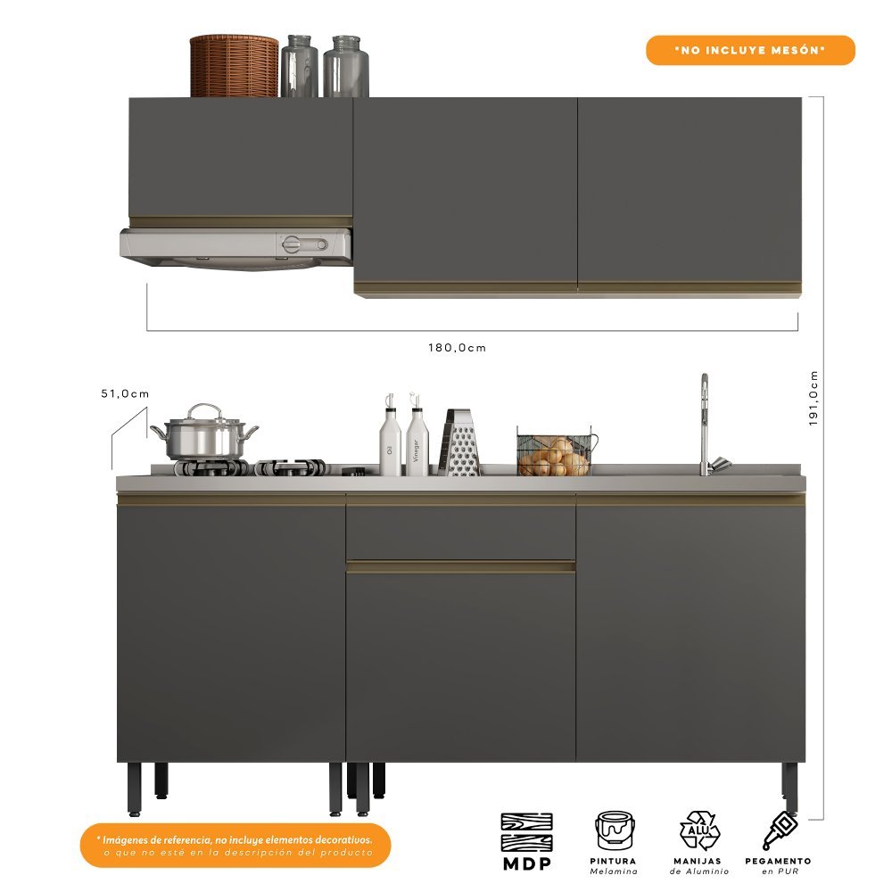 Cocina Integral Santiago Grafito 180 cm - Cocinas | Bylmo