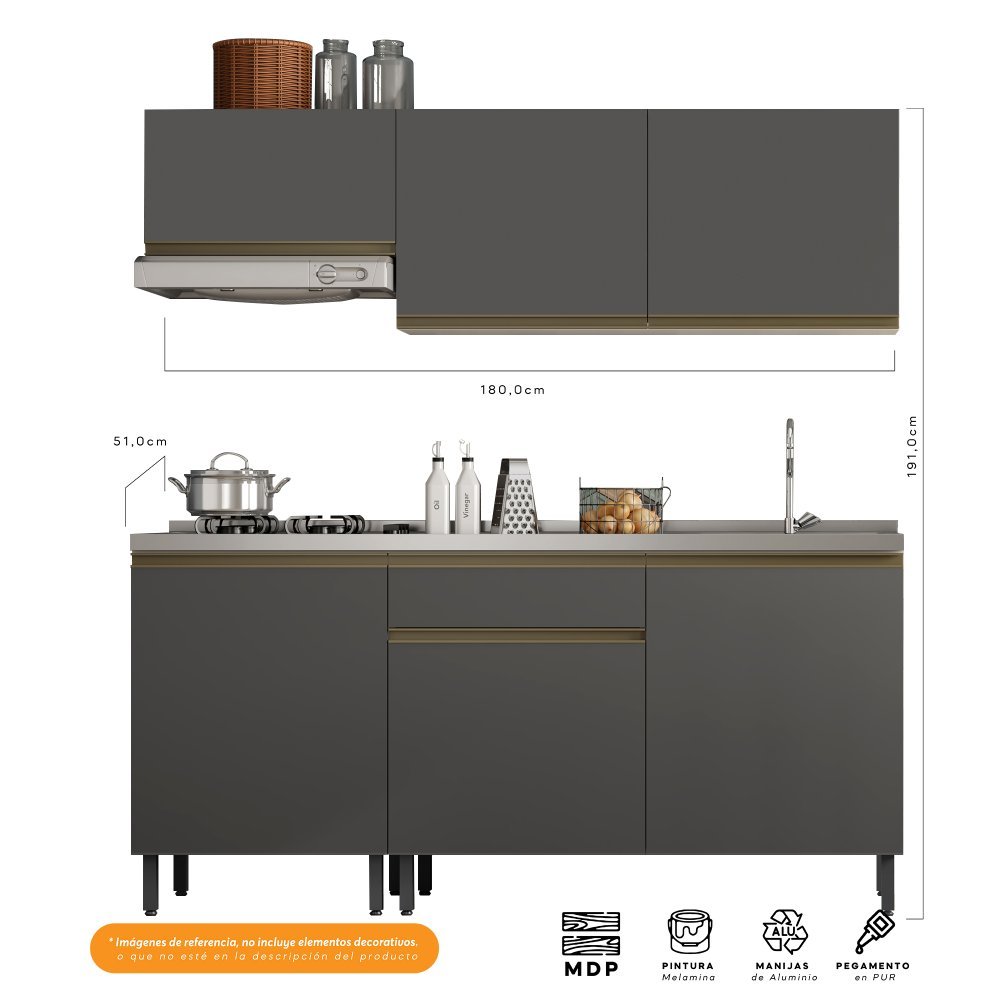 Cocina Integral Santiago Grafito 180 cm Derecha con Mesón - Cocinas | Bylmo