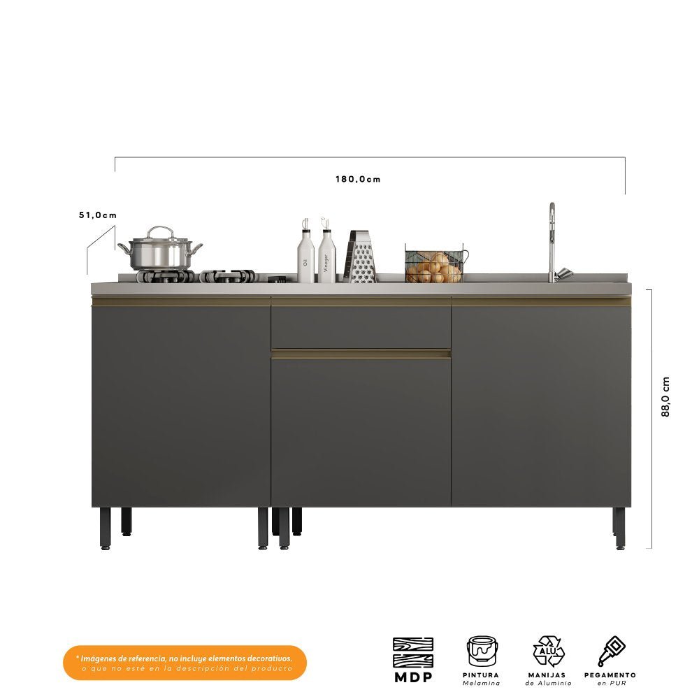 Cocina Integral Santiago Grafito 180 cm Derecha con Mesón - Cocinas | Bylmo
