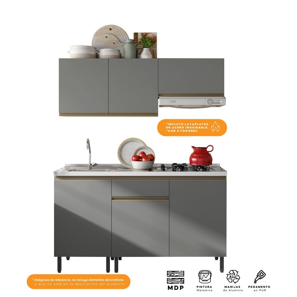 Cocina Integral Santiago Grafito 150 cm Izquierda con Mesón - Cocinas | Bylmo