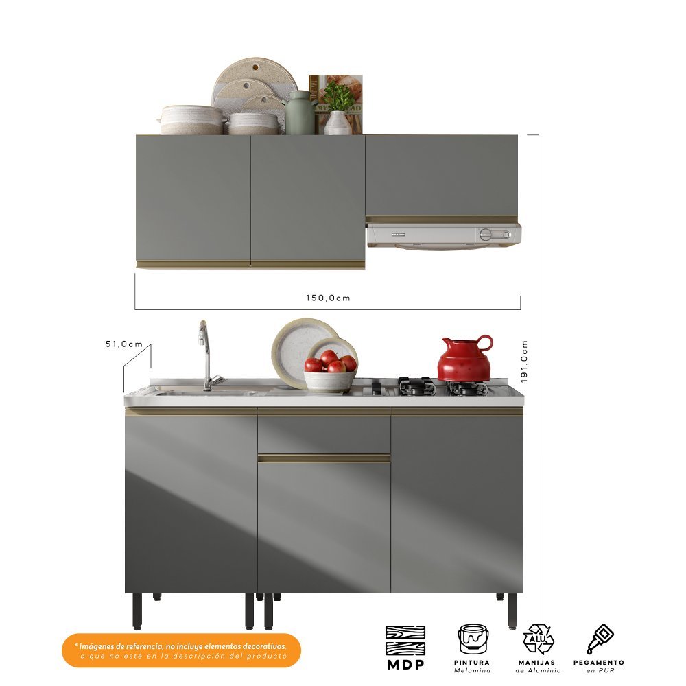 Cocina Integral Santiago Grafito 150 cm Izquierda con Mesón - Cocinas | Bylmo