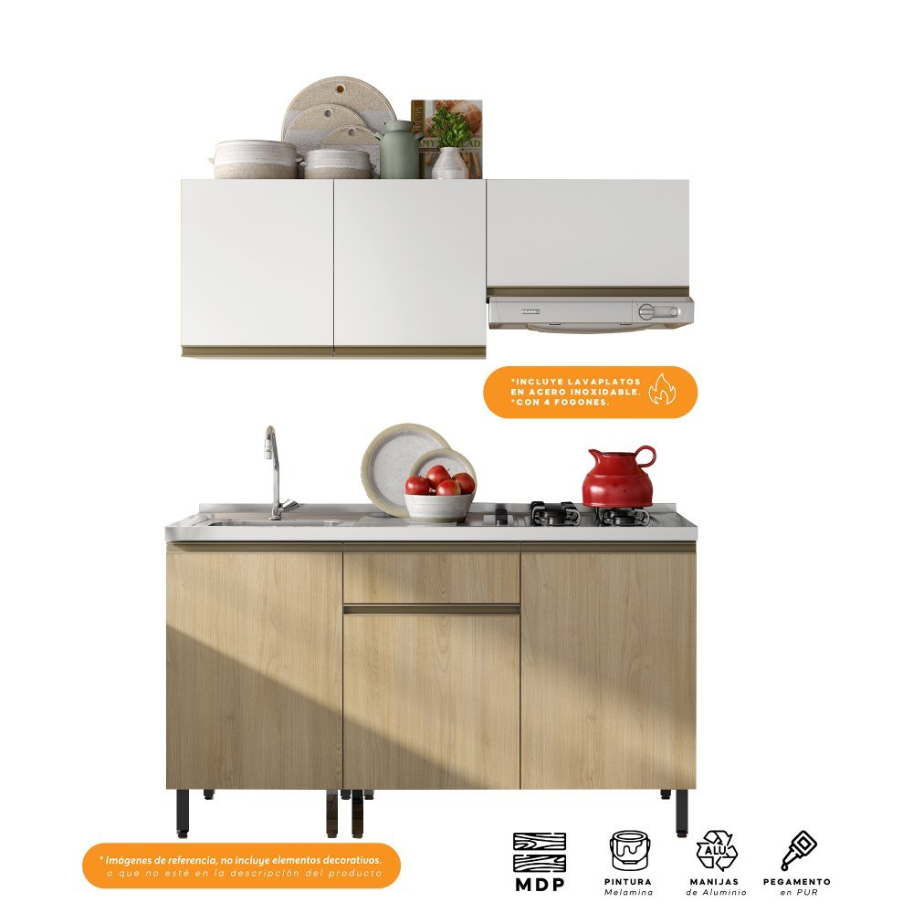 Cocina Integral Santiago Macadamia y Blanco 150 cm Izquierda con Mesón - Cocinas | Bylmo