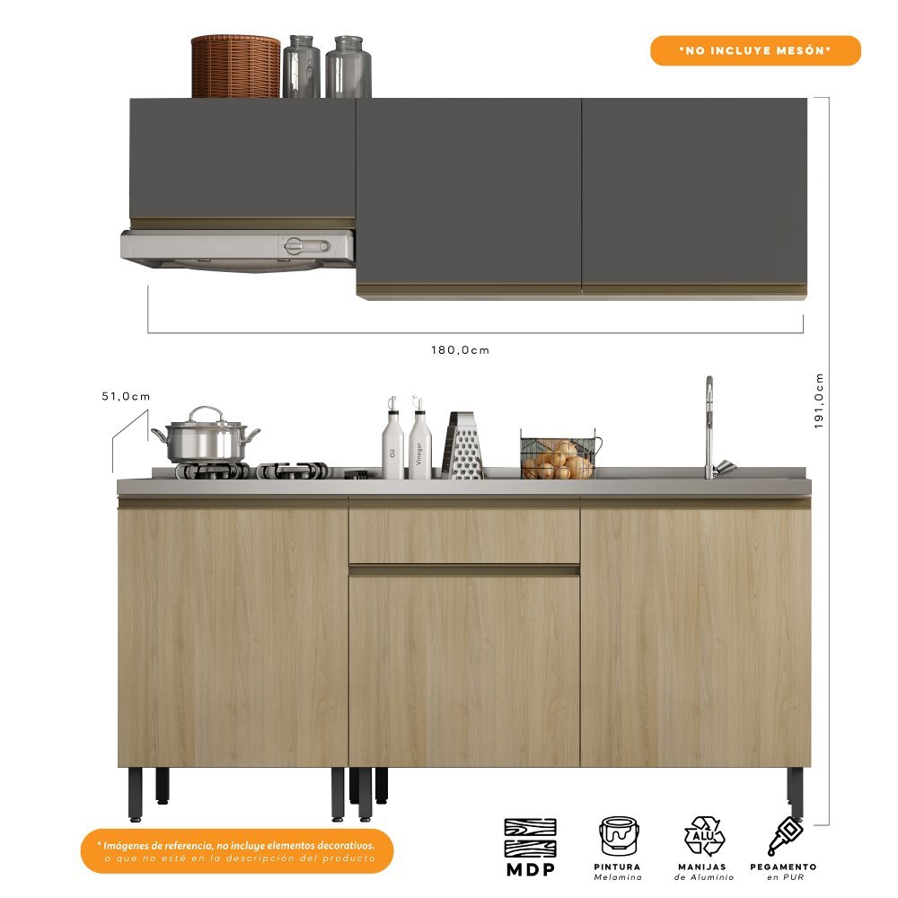 Cocina Integral Santiago Macadamia y Grafito 180 cm - Cocinas | Bylmo