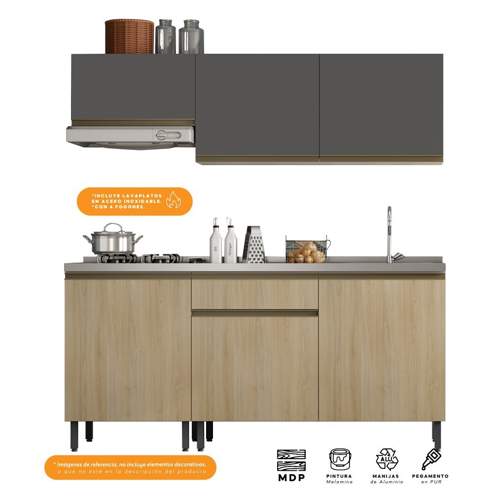 Cocina Integral Santiago Macadamia y Grafito 180 cm Derecha con Mesón - Cocinas | Bylmo