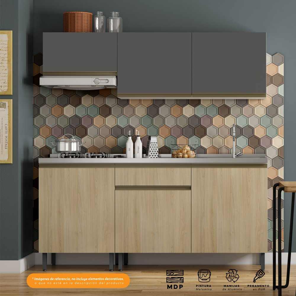 Cocina Integral Santiago Macadamia y Grafito 180 cm Derecha con Mesón - Cocinas | Bylmo