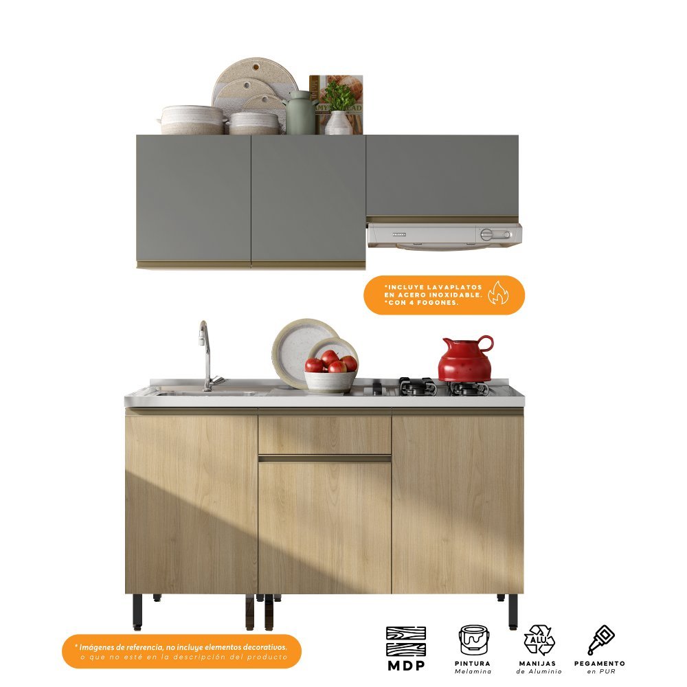 Cocina Integral Santiago Macadamia y Grafito 150 cm Izquierda con Mesón - Cocinas | Bylmo