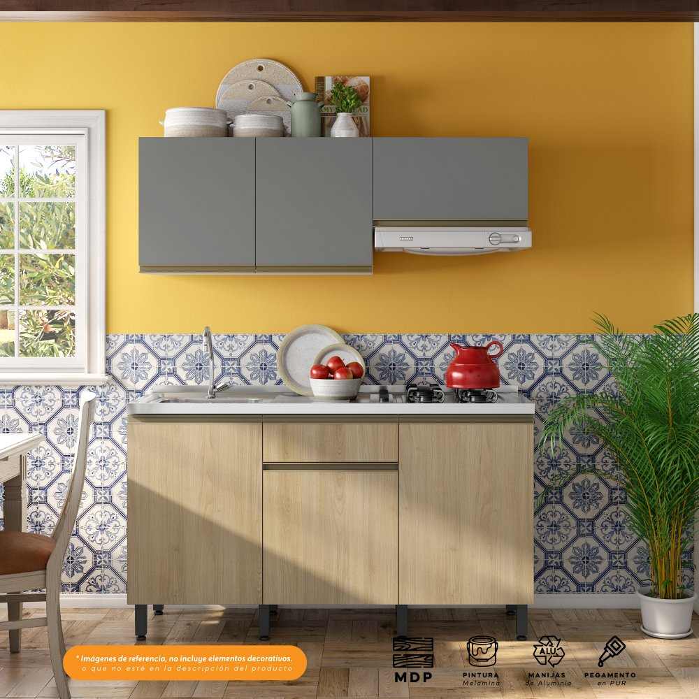 Cocina Integral Santiago Macadamia y Grafito 150 cm Izquierda con Mesón - Cocinas | Bylmo