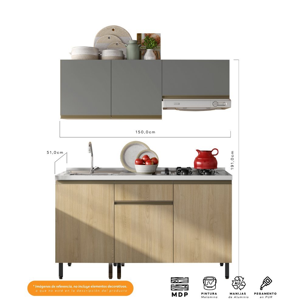 Cocina Integral Santiago Macadamia y Grafito 150 cm Izquierda con Mesón - Cocinas | Bylmo