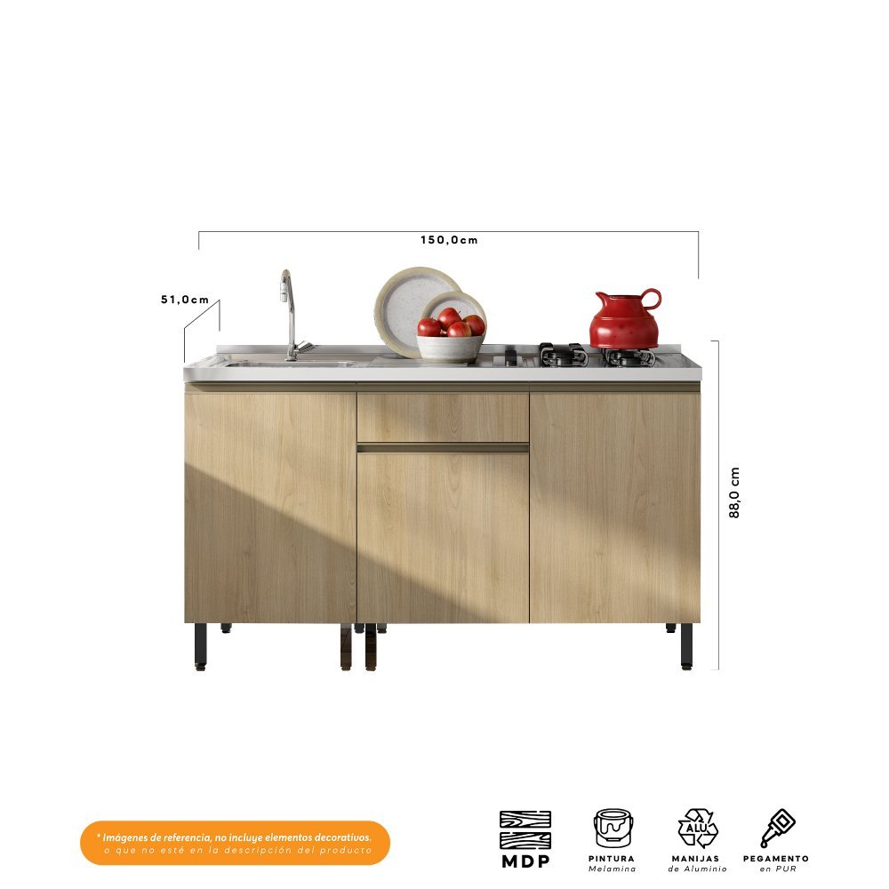 Cocina Integral Santiago Macadamia y Grafito 150 cm Izquierda con Mesón - Cocinas | Bylmo