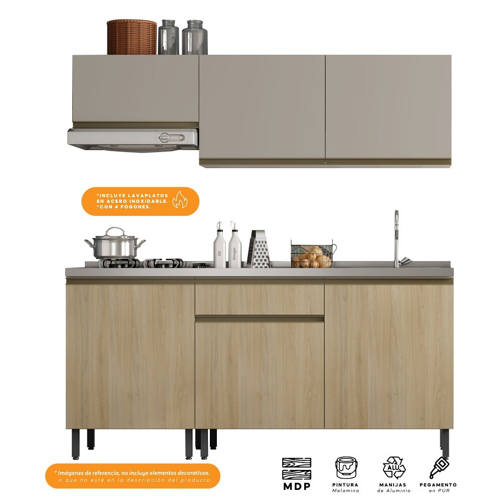 Cocina Integral Santiago Macadamia y Pecan 180 cm Derecha con Mesón - Cocinas | Bylmo