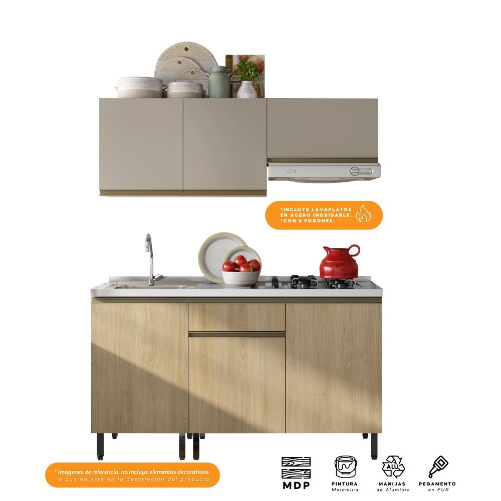 Cocina Integral Santiago Macadamia y Pecan 150 cm Izquierda con Mesón - Cocinas | Bylmo