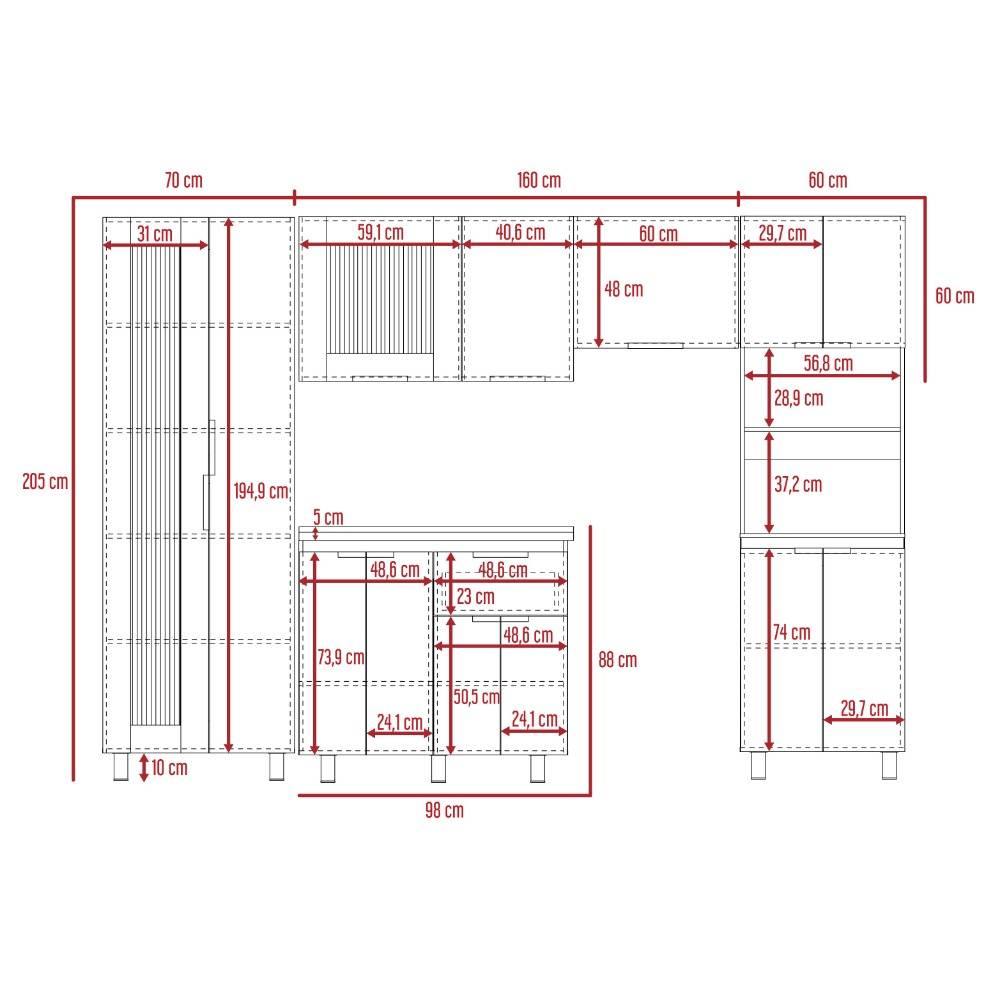 Cocina Samara Blanco y Miel 205x60cm con Mesón de Acero Inoxidable Lado Izquierdo y sin Estufa - Cocinas | Bylmo